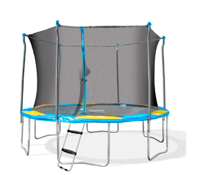 lot 100 image: Bounce Pro 12 Trampoline with Enclosure Combo, BlueYellow w Skywalker Trampolines 40 inch Wide-Step Trampoline Ladder & Wind Stakes