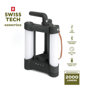 lot 432 image: Swiss Tech 2000LM Rechargeable LED Lantern with Bluetooth Speaker and 5200 mAh Power Bank, IPX4 Weatherproof