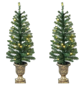 lot 682 image: LOT OF 2 2PCS 3.5 ft Pre-Lit Artificial Porch Christmas Trees with LED Lights, by Holiday Time