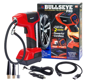 lot 732 image: Bullseye Pro Tire Inflator 150 PSI Electric Air Compressor Portable Air Pump Car Bike LED 12V DC Red