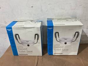 lot 330 image: LOT OF 2 Equate Raised Toilet Seat with Handles, 5 Seat Riser with Arms, Fits Most Toilets, 350 lb Capacity