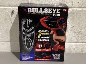 lot 731 image: Bullseye Pro Tire Inflator 150 PSI Electric Air Compressor Portable Air Pump Car Bike LED 12V DC Red