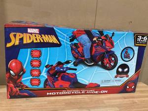 lot 596 image: Spiderman 6V Motorcycle Ride on Toy, for Kids, Ages 3, Rechargeable Battery, up to 65lbs