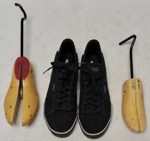 (1 Pair) Addidas - Black & White - US 8 12 Male & (2) Vintage Wooden Shoe Stretchers (View Photos)