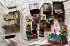 lot 15 image: Large Bin of Collectible Pop Culture Cards - Marvel, Batman, Aladdin, Jurassic Park, Rocketeer, Wildcats, Monty Python, Flinstones, and more