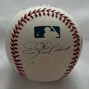 lot 113 image: Minnesota Twins 4 Save Leaders Signed OMLB Selig Baseball - Rick Aguilera, LaTroy Hawkins, Glen Perkins, Eddie Guardado