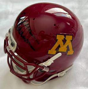 lot 126 image: Glen Mason Signed University of Minnesota Mini Football Helmet Inscribed Go Gophers