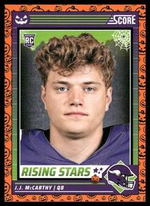 lot 8A image: J.J. McCarthy RC Rookie Card 2024 Score-A-Treat Rising Stars Orange Pumpkin  #19 Football