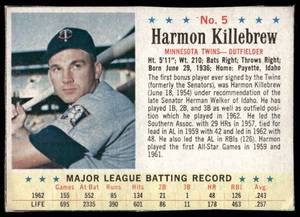 lot 29B image: Harmon Killebrew 1963 Post Cereal #5 Baseball Card