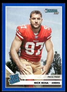 lot 129C image: Nick Bosa RC Rated Rookie 2019 Donruss Blue Press Proof #318 Football Card