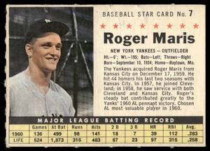 lot 89C image: Roger Maris 1961 Post Cereal #7 Baseball Card