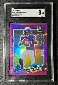 lot 17A image: Jordan Addison RC SGC 9 Mint 2023 Donruss Optic Preview Pink Prizm #368 Football Card