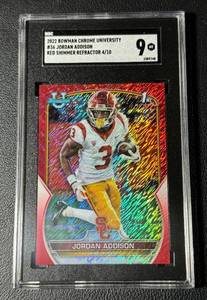 lot 19A image: Jordan Addison 10 Red Shimmer Refractor 2022 Bowman Chrome University #36 SGC Graded 9 Mint Football Card