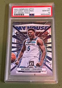 lot 5E image: Anthony Edwards PSA 10 Gem Int 2023 Donruss Optic #9 My House-Holo Basketball Card