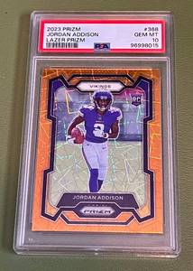 lot 6E image: Jordan Addison PSA 10 Gem Mint 2023 Prizm Orange Lazer #368 Football Card