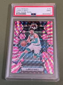 lot 14E image: LaMelo Ball 20 2022 Mosaic Pink Swirl Fotl #151 PSA Graded 9 Mint, numbered 0820, Basketball Card