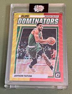lot 69E image: Jayson Tatum 99 2022-23 Dontuss Optic Prizm #15 Elite Dominators, numbered 25299, Basketball Card