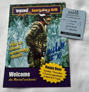 lot 71C image: Jim Marshall Signed Viking Legends Sports Bar and Grill Menu - Football