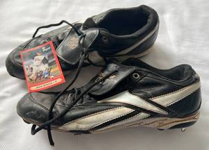lot 28C image: Juan Rincon Games-Used and Signed Spikes Plus Card - Minnesota Twins Baseball