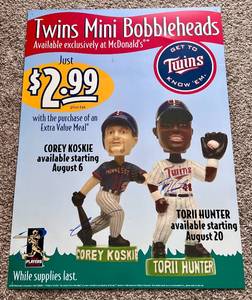 lot 28D image: Torii Hunter and Corey Koskie Signed McDonals Exclusive Bobblehead Sign - Hung in Window of McDonalds
