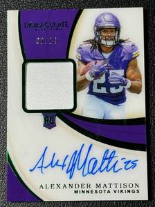 lot 40D image: Alexander Mattison RPA  14 2019 Immaculate Collection #130, numbered 0214, Minnesota Vikings Football Card