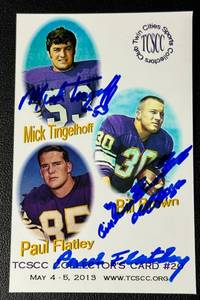 lot 182C image: Mick Tingelhoff, Bill Brown, Paul Flatley Signed  Auto Minnesota Vikings Football Photo Card