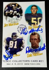 lot 184C image: Carl Eller, Rip Hawkins, Dale Hackbart Signed  Auto Minnesota Vikings Football Photo Card