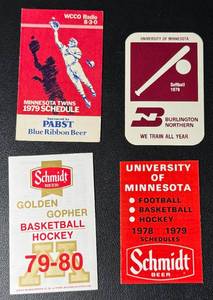 lot 189C image: 4 Vintage Pocket Schedules - 1979 Minnesota Twins, and 1978-1980 University of Minnesota Basketball, Hockey, Football, Softball w Pabst  and Schmidt Beer Ads