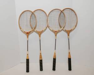 lot 34 image: Set of 4 Vintage Wooden Badminton Rackets