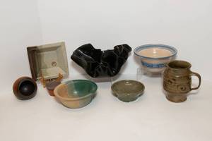 lot 37 image: Assorted Handmade Pottery Collection  Bowls, Pitcher, and Decorative Pieces