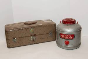 lot 38 image: Vintage Union Chest Metal Tackle Tool Box and Vintage Knapp Monarch Therm-a-jug