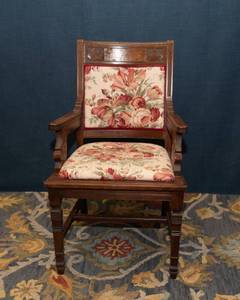 lot 92A image: Antique Wooden Chair with Floral Upholstery