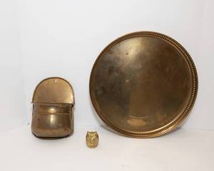 lot 56 image: Brass Tray, Wall Pocket and Owl Paperweight