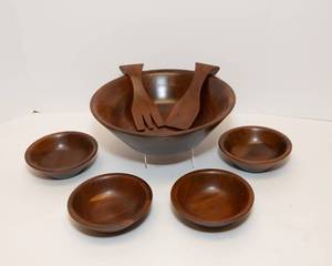 lot 62 image: Ozark Walnutware Solid Walnut Serving Bowl, Serving Utensils and 4 Salad Bowls