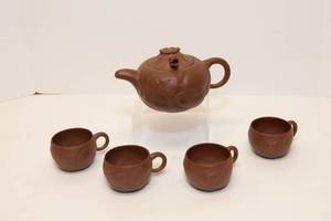 lot 1A image: Vintage Chinese Dragon Head Teapot and Teacup Made From Yixing Zisha Red Clay