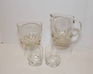 lot 108 image: Glass Ice Bowl, Drink Pitcher and Two Cocktail Glasses