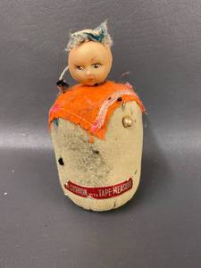 lot 10T image: Vintage Doll Head Pin Cushion with Tape Measure