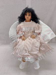 lot 55H image: Porcelain Doll in Victorian Dress with Wicker Chair