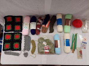 lot 64H image: Variety Yarn Lot with Knitting Tools and Crochet Patches