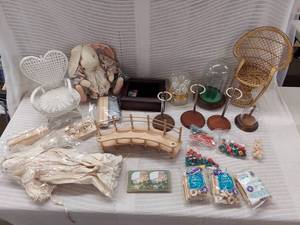 lot 71H image: Vintage Crafting Lot Dolls, Wicker Chairs, Supplies