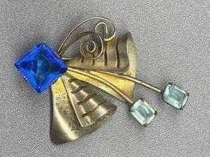 lot 1B image: Vintage Sterling Silver Gold-Tone Brooch with Blue & Green Stones (Chips)
