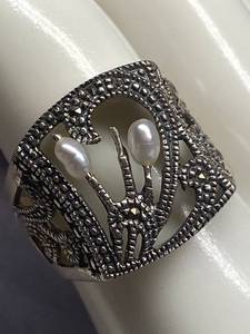 lot 6B image: Vintage Silver Marcasite and Pearl Filigree Ring
