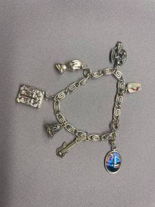 lot 27B image: Vintage Silver Charm Bracelet with Sterling Silver Religious and Music Related Charms