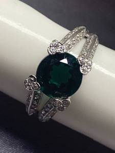 lot 29B image: Silver Ring with Green Stone and Clear Accents