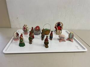 lot 24 image: Charming Decorative Assortment Painted Eggs, Gnomes, Doll in Wicker Chair