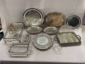lot 51 image: Vintage Silver and Glass Serving Tray and Dish Set Collection