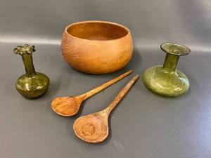 lot 25D image: Vintage Glass Vases, Wooden Bowl & Spoons Set