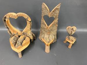 lot 46D image: Set of 3 Rustic Wooden Heart Decorations