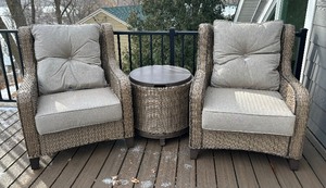 lot 79 image: Two Woven Patio Chairs and Accent Table