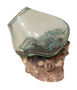 lot 121 image: Hand Blown Molten Glass and Wood Root Sculptured TerrariumVase